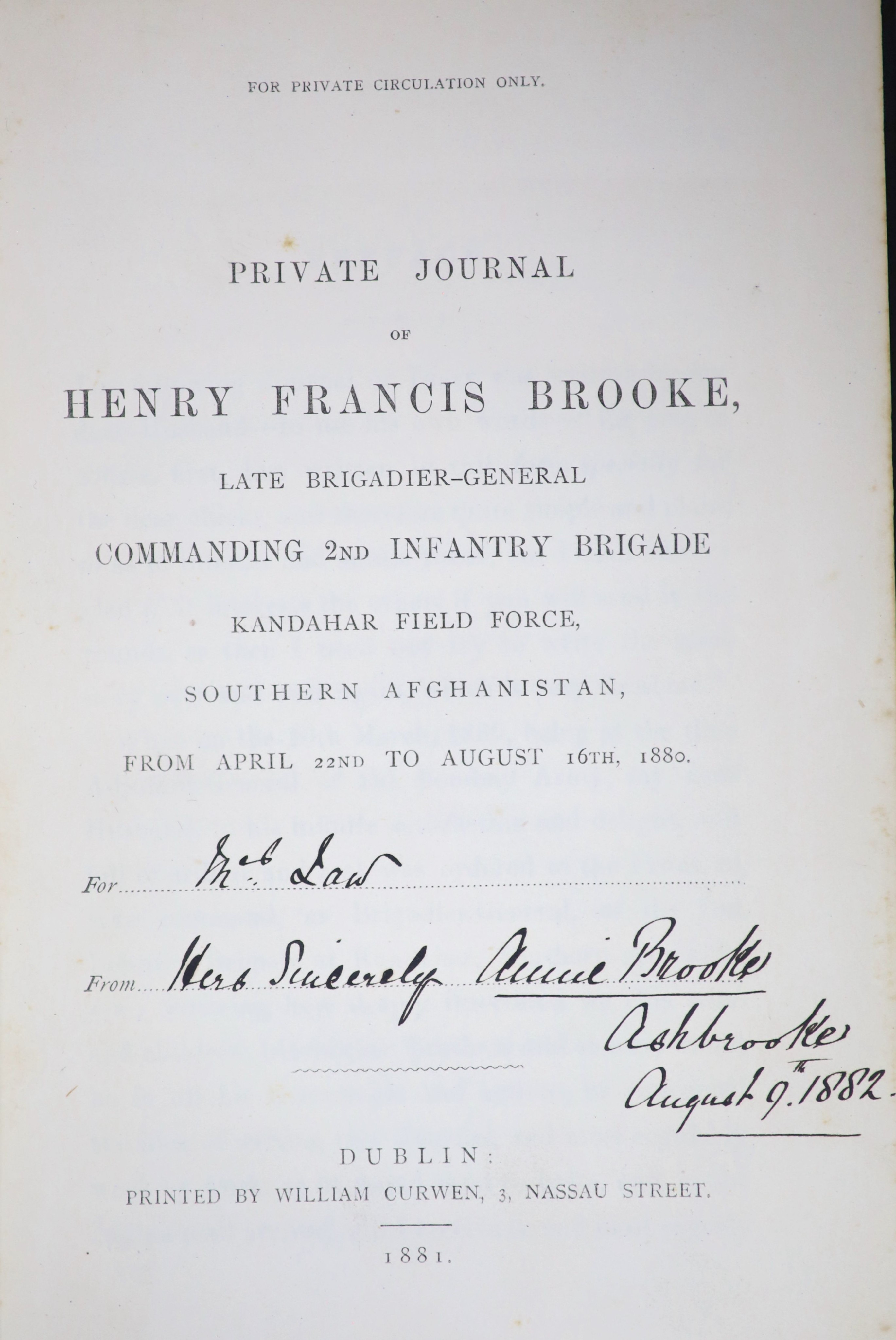 Brooke, Henry Francis (1836-1880) - Private Journal of Henry Francis Brooke, late Brigadier-General Commanding 2nd Infantry Brigade Kandahar Field Force Southern Afghanistan, 8vo. Black morocco gilt lined, with photo por